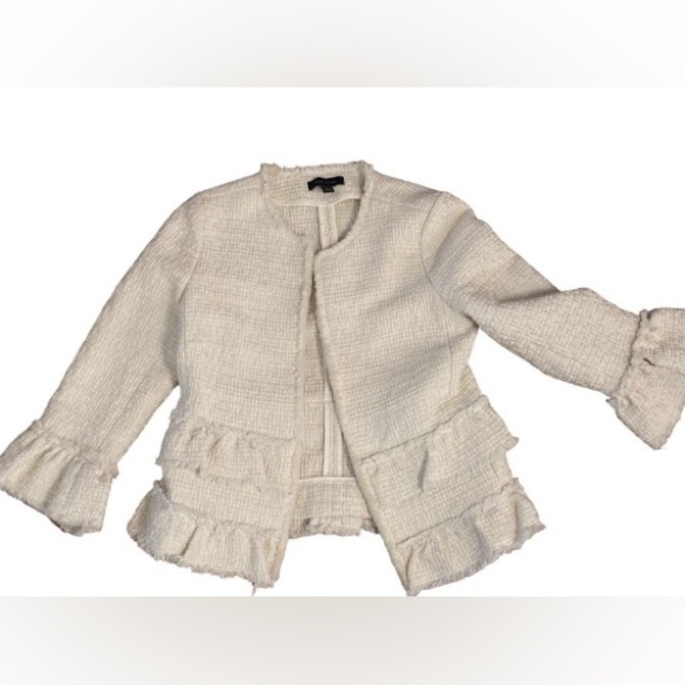 Ann Taylor Cream Tweed Ruffle Jacket